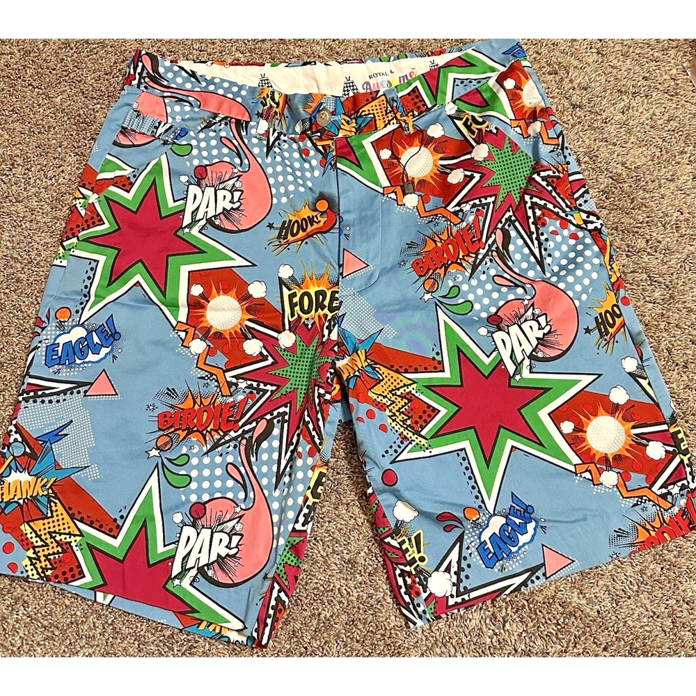 Royal & Awesome Golf Shorts Size 32 Comic Partoon Cartoon Print Bright Colors